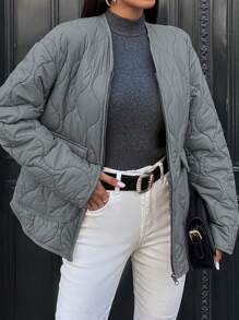 EURMUSE Drop Shoulder Zipper Quilted Coat - Grey - View 1