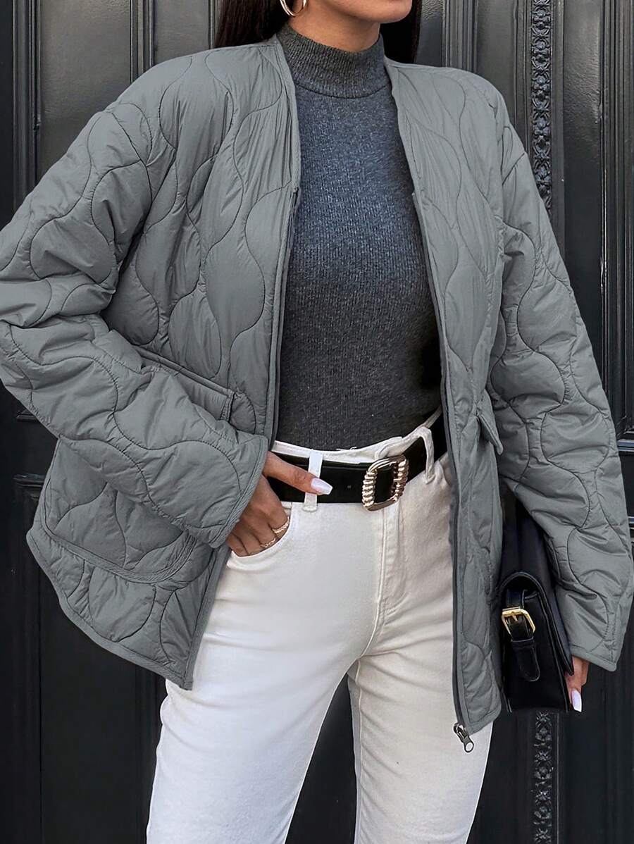 EURMUSE Drop Shoulder Zipper Quilted Coat - Grey - View 1