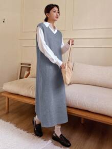DAZY 女式肋紋針織毛衣背心裙 - 淺藍色 - 查看 4