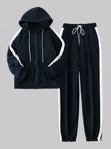 SHEIN LUNE 大碼顏色分塊束口連帽衛衣和運動長褲套裝 - 藏蓝色 - 查看 1