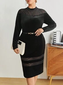 BizChic Plus Contrast Mesh Velvet Top & Skirt Without Belt