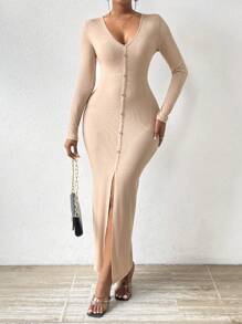 SHEIN Essnce Women's V-neck Slim Fit Button Front Slit Hem Dress - Apricot - View 3