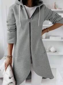Plus Size Women Casual Hooded Long Cardigan, Thermal Lined, Autumn/Winter - Grey - View 1