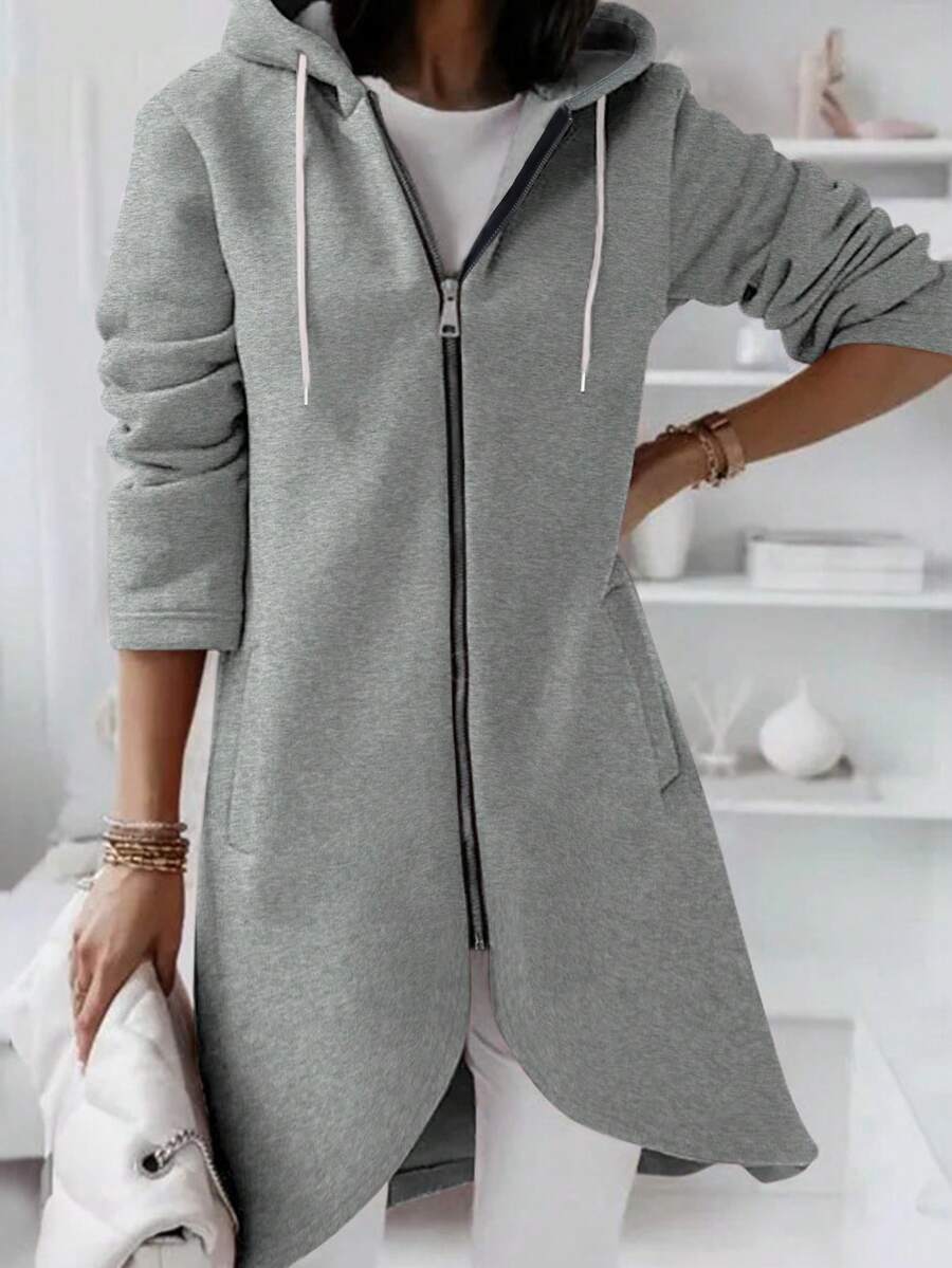 Plus Size Women Casual Hooded Long Cardigan, Thermal Lined, Autumn/Winter - Grey - View 1