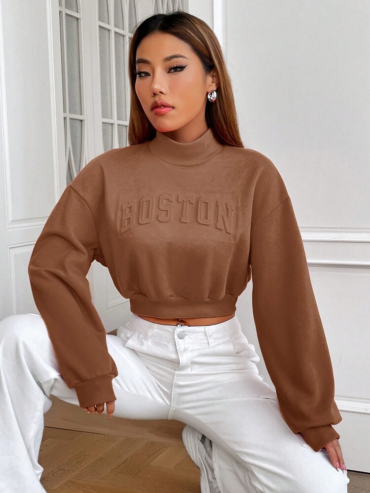 SHEIN EZwear 女用字母壓花立領超大落肩運動衫 - 咖啡棕 - 查看 5