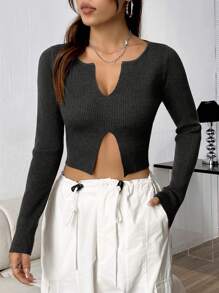 Flirla Women  Solid Color Asymmetrical Ribbed Pullover Sweater Knit Pullover Fall Winter Outfit