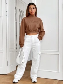 SHEIN EZwear 女用字母壓花立領超大落肩運動衫 - 咖啡棕 - 查看 6