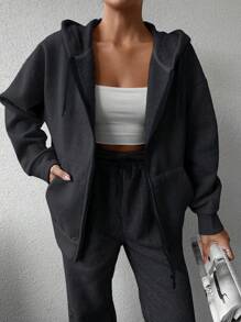 SHEIN Cottnline 女士純色帽衫拉鍊外套 - 深灰色 - 查看 4