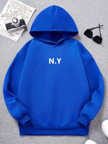 青少年男童休閒字母印花長袖連帽衛衣,適合秋冬 - 藍色 - 查看 1