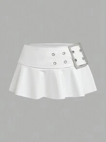 ROMWE PUNK 純色搭扣細節半身裙 - 白色 - 查看 1