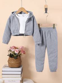 SHEIN 幼兒女孩背心上衣 + 連帽衫 + 運動褲 3 件套 - 灰色 - 查看 3