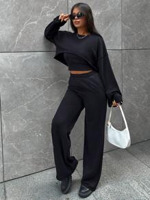 EURMUSE Drop Shoulder High Low Hem Crop Tee & Pants & Cami Top - Royal Blue - View 5