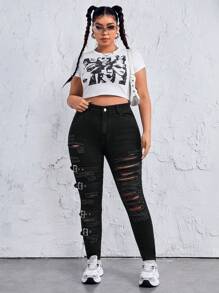 SHEIN ICON 大尺碼女士金屬鈕扣破洞牛仔褲 - 黑色 - 查看 3