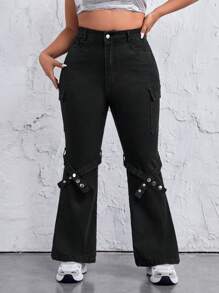 SHEIN ICON Women's Plus Size Flap Pockets Flare Jeans - Black - View 6