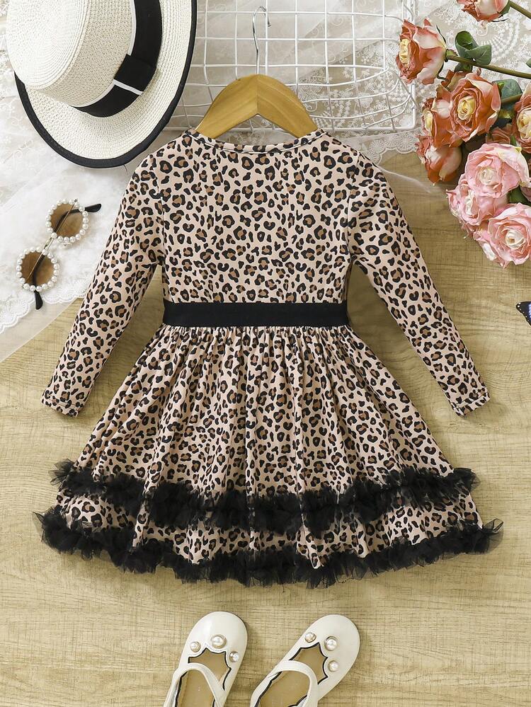 Baby Girl Leopard & Letter Graphic Contrast Lace Ruffle Hem Dress