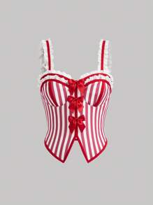 SHEIN MOD Striped Pattern Bowknot Design Cami Top Without Shirt - Red - View 1