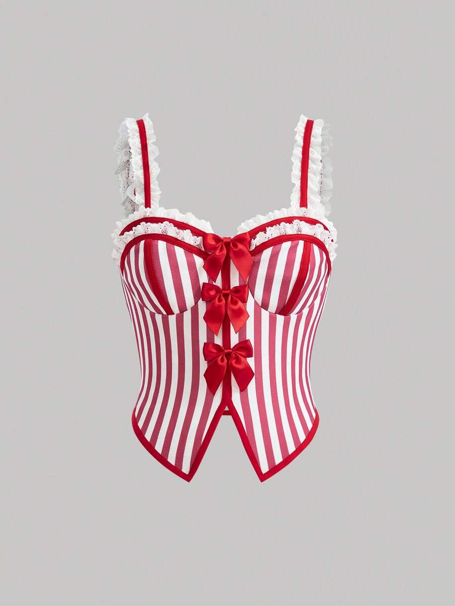 SHEIN MOD Striped Pattern Bowknot Design Cami Top Without Shirt - Red - View 1