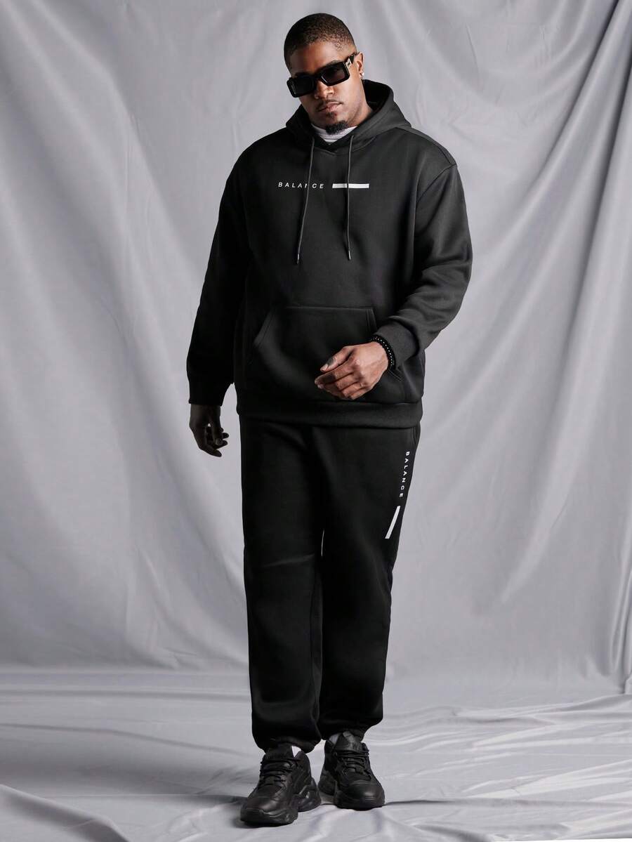 Manfinity Homme Nam Kích thước lớn In thư Áo nỉ có mũ Và Quần thể thao Bộ - màu đen - Xem 1