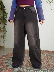 ROMWE PUNK Kích thước lớn Của phụ nữ Cargo Phong cách Quần denim Với Túi - màu đen - Xem 1