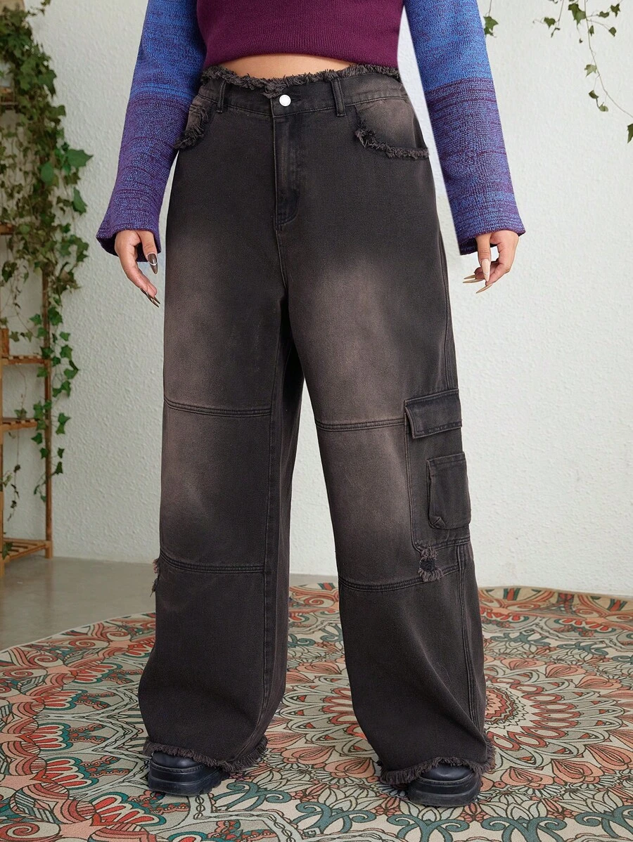 ROMWE PUNK Kích thước lớn Của phụ nữ Cargo Phong cách Quần denim Với Túi - màu đen - Xem 1