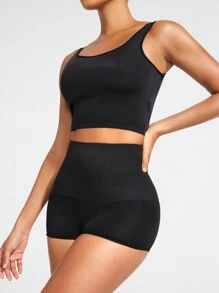 SHAPORA 女款純色短上衣和塑身短褲套裝 - 黑色 - 查看 7