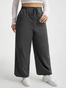 SHEIN Essnce 女裝大尺碼休閒直筒條紋寬褲,適合春夏工作裝 - 灰色 - 查看 5