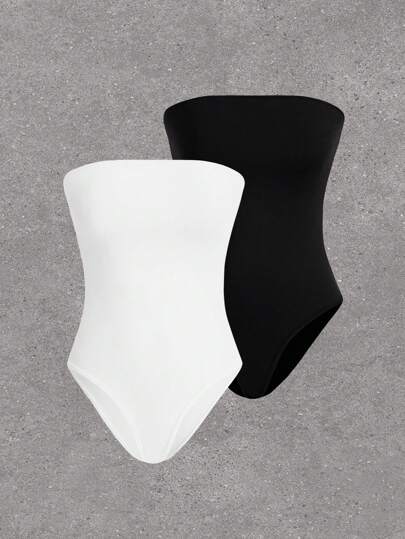 SHEIN EZwear 2 件/套纯色无肩带塑身衣紧身衣无缝丁字裤塑身衣女士收腹修身紧身衣