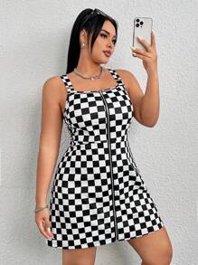 SHEIN EZwear Của phụ nữ Kích thước lớn Kẻ sọc In Dây kéo mặt trước Dây đeo Mì Ý  Đầm - Đen và trắng - Xem 5