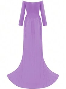Maternity Off Shoulder Chiffon Dress With High Slit And Splice Design For Photo Shooting With Long Sleeve For Maternity Photoshoot - Mauve Purple - View 2