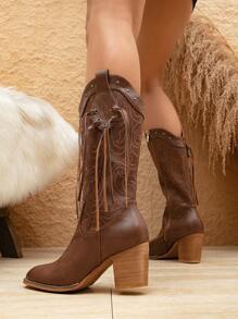 Styleloop Embroidered & Tassel Decor Side Zipper Chunky Heeled Western Boots, Cowboy Boots For Women - Brown - View 3