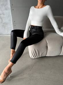 EURMUSE Solid PU Leather Skinny Pants - Black - View 3