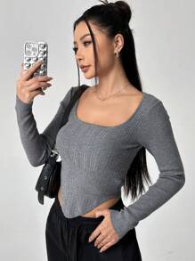 SHEIN EZwear Camisa Base De Manga Larga De Cuello Cuadrado En Color Sólido Para Mujer - Gris Oscuro - Ver 4