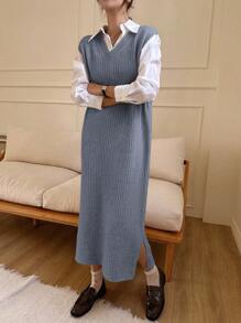 DAZY 女式肋紋針織毛衣背心裙 - 淺藍色 - 查看 1