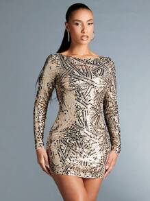 SHEIN BAE 女士閃亮連身裙 - 香檳色 - 查看 4