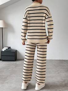 SHEIN Frenchy Women's Striped Drop Shoulder Sweater 2pcs/set - Apricot - View 2