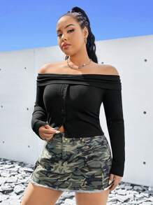 SHEIN EZwear Women's Plus Size Off-shoulder Ribbed T-shirt - Black - View 5