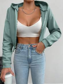 Cottnline Của phụ nữ Dây kéo mặt trước Thả vai Áo nỉ có mũ - Màu xanh Bạc hà - Xem 3