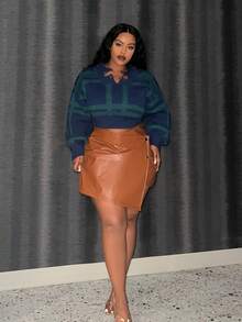 Slaydiva Women'S Plus Size Asymmetrical Hem Pu Skort With Button Detail - Brown - View 2