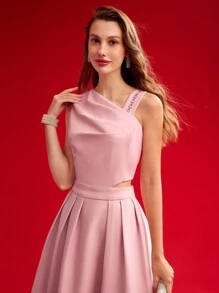 MOTF PREMIUM 编织女式不对称颈链细节褶皱连衣裙，情人节装 - 粉色 - 查看 7