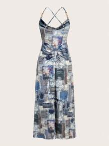 SHEIN Privé 女士牛仔效果围脖领细肩带连衣裙