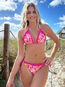 Swim Mod Summer Beach Flower Print Frill Detail Two-Piece Bikini Set With Random Print - Hot Pink - View 3