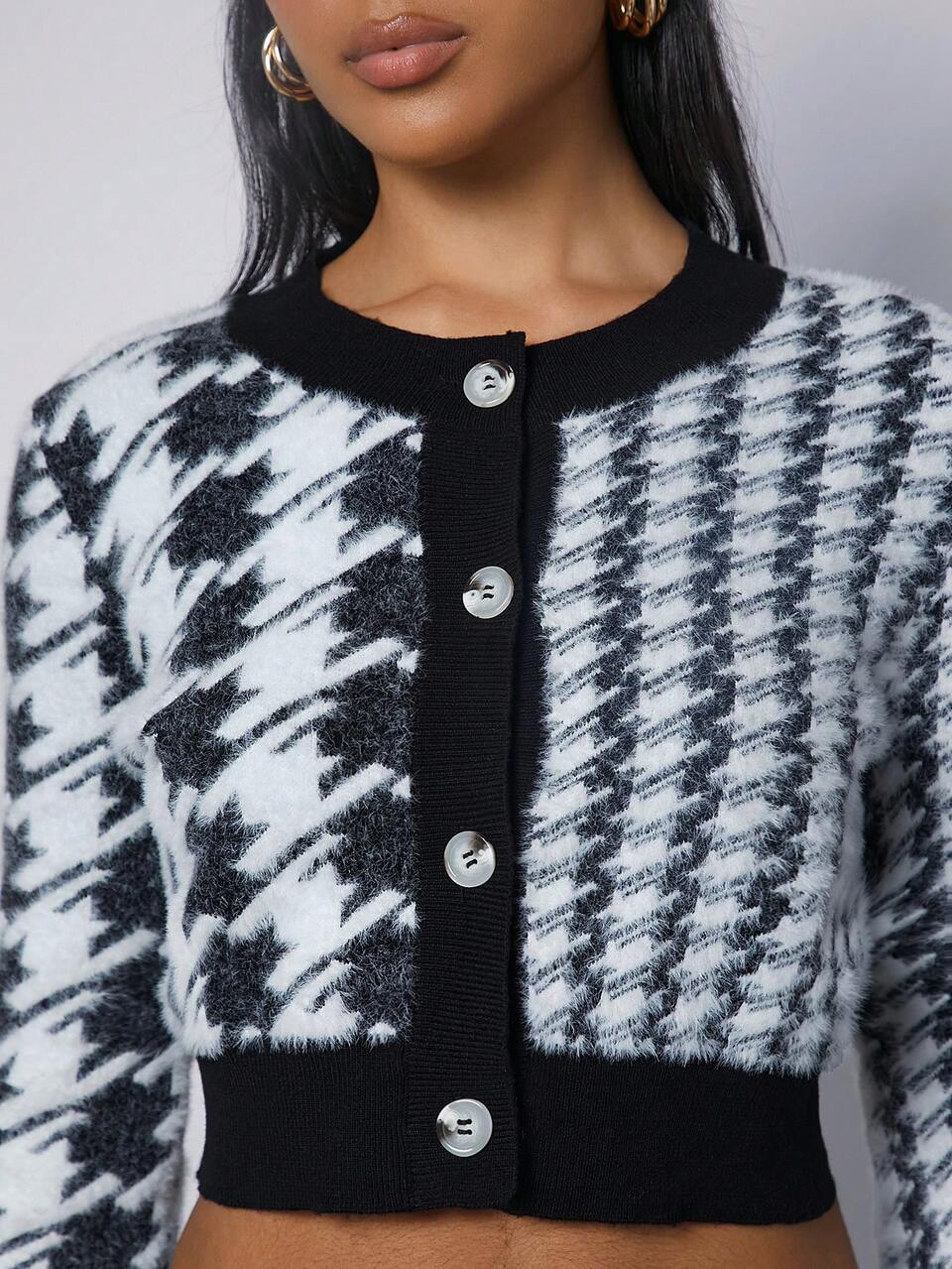 Houndstooth Button Front Crop Cardigan