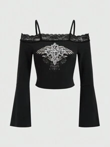 ROMWE Fairycore Cross & Wing Print Lace Patchwork Off Shoulder T-shirt