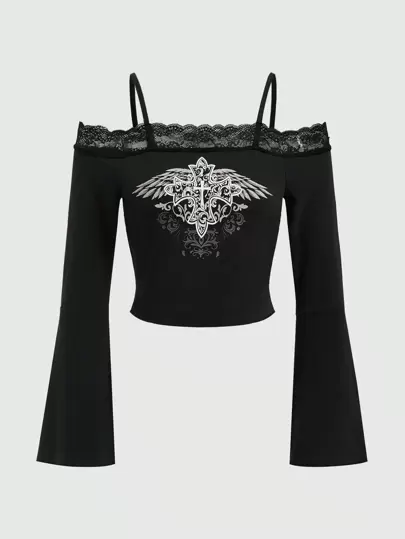 ROMWE Fairycore Kors & Vinge Tryck Spets Lapptäcke Axelfri T-shirts