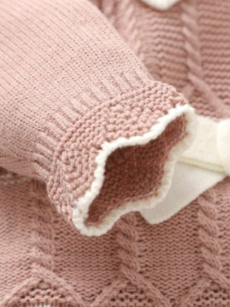 SHEIN Mono Estilo Suéter Decorado Con Lazo Y Cuello En Contraste Para Bebé Niña Con Sombrero - Rosa - Añade 3