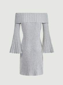 SHEIN Tween Girls' Off Shoulder Flared Sleeve Ribbed Knit Dress - Grey - View 1