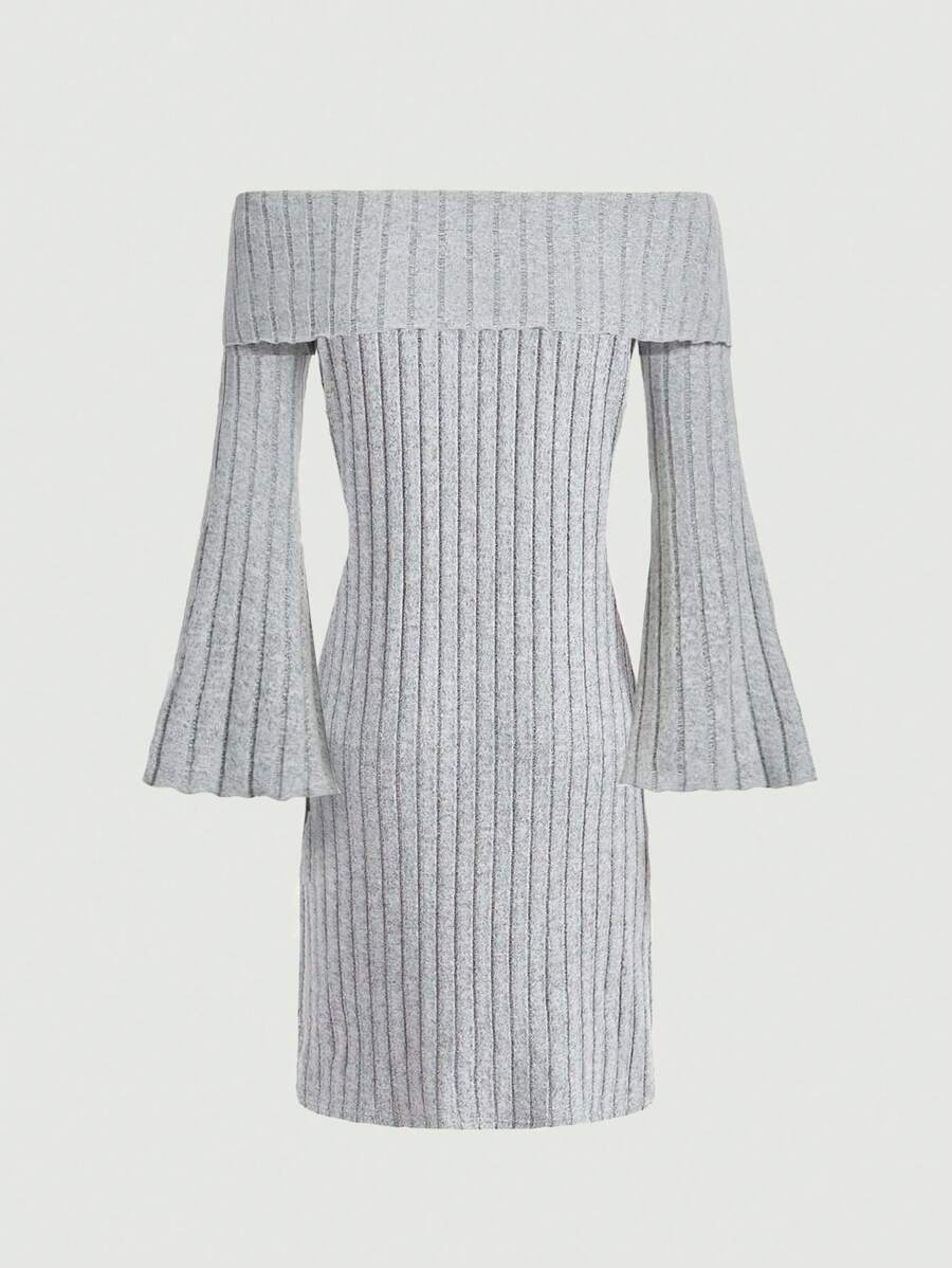 SHEIN Tween Girls' Off Shoulder Flared Sleeve Ribbed Knit Dress - Grey - View 1