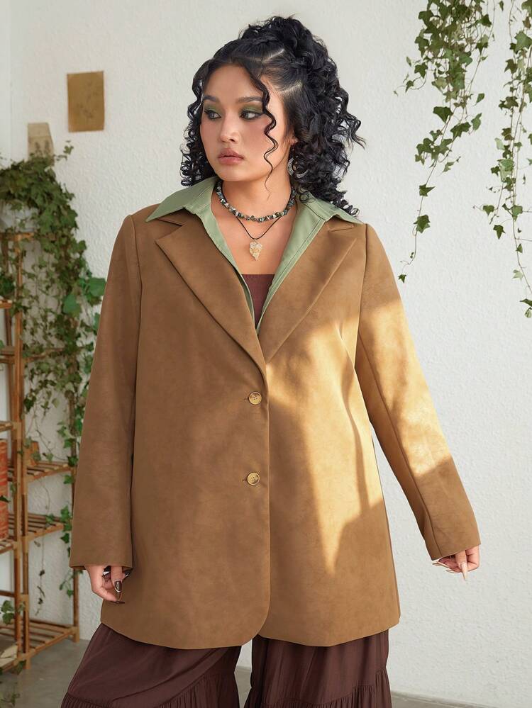Plus Size Solid Color Coat With Front Button Closure