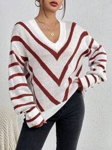 SHEIN LUNE Women's Long Sleeve Oversized V-neck Sweater With Herringbone Pattern - Multicolor - View 5