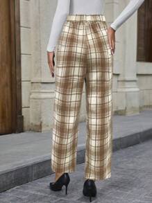 SHEIN LUNE Women's Plaid Printed Wide Leg Pants With Slanted Pockets Fall Cloth For Women - Khaki - View 2